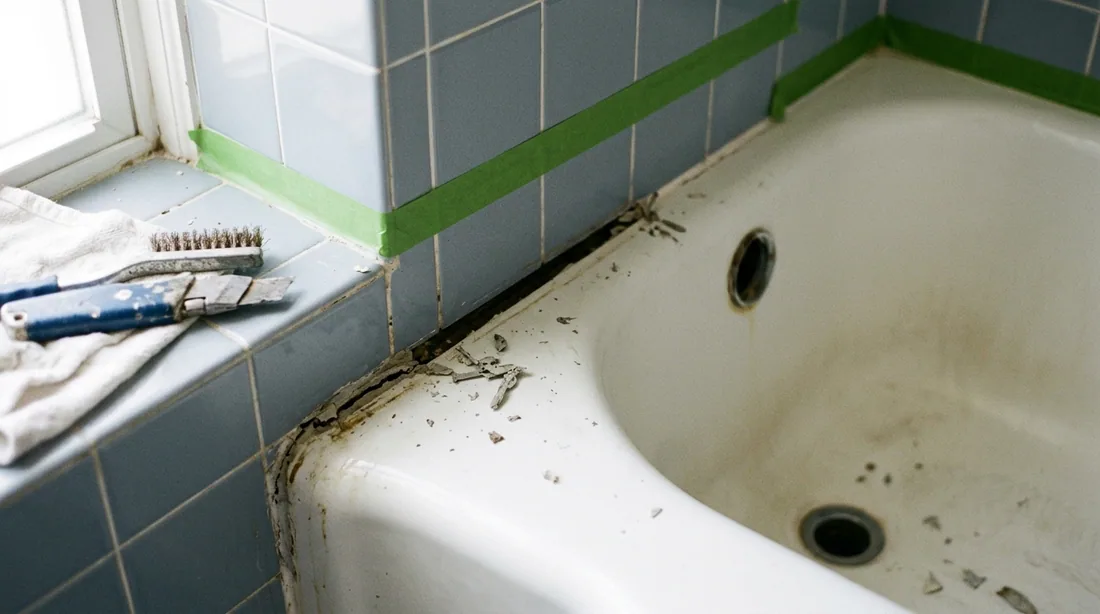 Old caulk is cut out, drain and overflow trim comes off, and the surrounding tile is masked — Abilene, TX