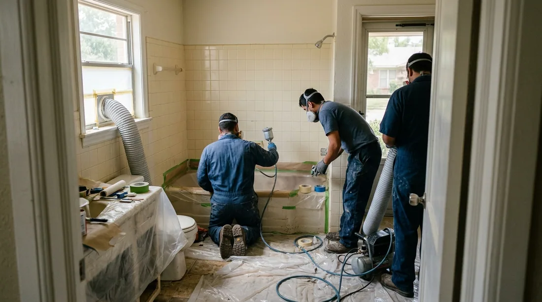 A small professional crew working on a tub refinishing job at a property, seen from behind and at a — Abilene, TX